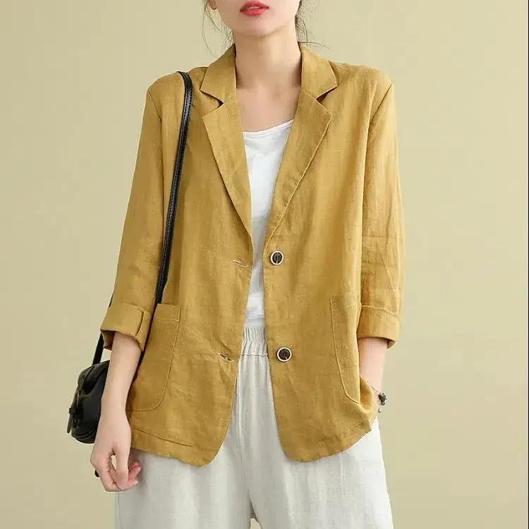 Summer Cotton and Linen Small Suit Women Blazer Fashion Thin Coat Three-quarter Sleeve Casual Blazers Jacket