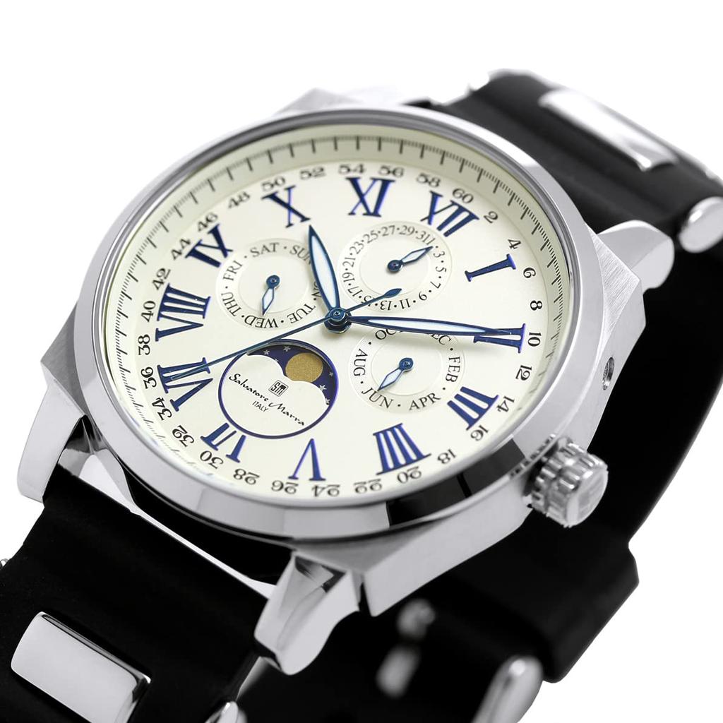 Watch Moon Phase Multi Calendar 5 ATM Water Resistant Business Formal Rubber Belt Limited Model White Silver [Salvatore Mara] Men's SM22105R-SSWH