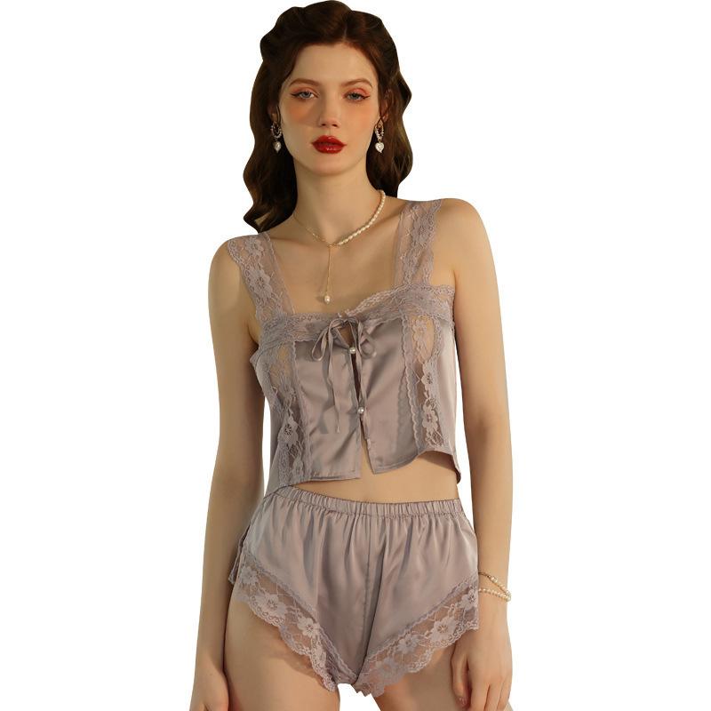 Sexy red pajamas women's summer ice silk thin pure desire suspender shorts two-piece set lace temptation sex suit