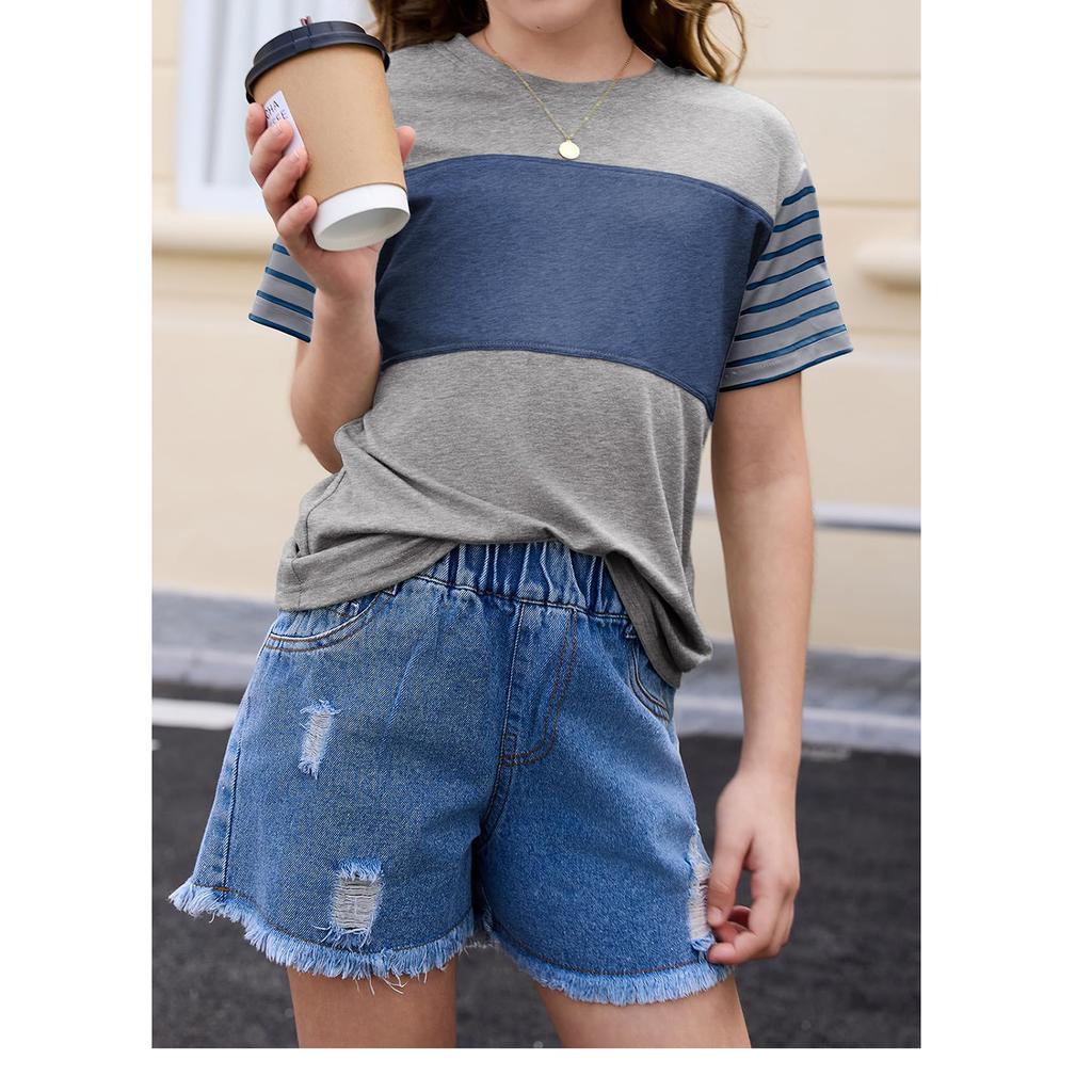 Girls Summer Shirts Short Sleeve Color Block Tops
