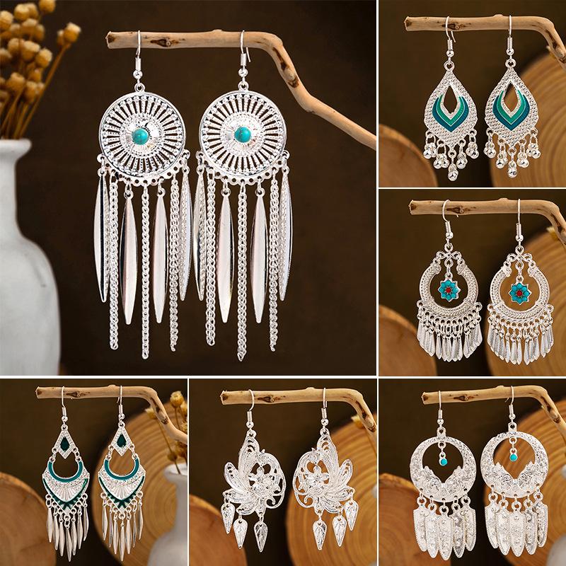

Ethnic Style Miao Silver Feather Tassel Earrings