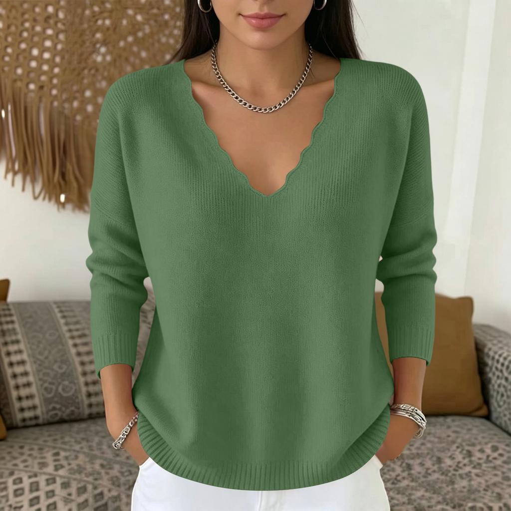 Women's V-Neck Long Sleeve Knit Top Color Casual Sweater for Everyday Wear