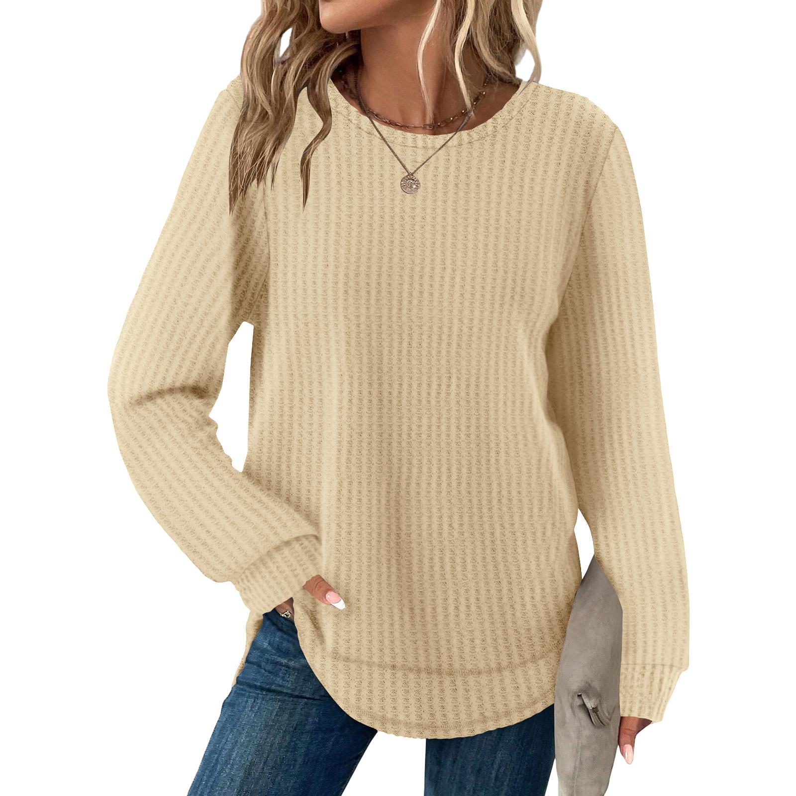 

Women s Fashion Solid-Color Loose-Fit Long-Sleeve Neck Casual Top S бежевый