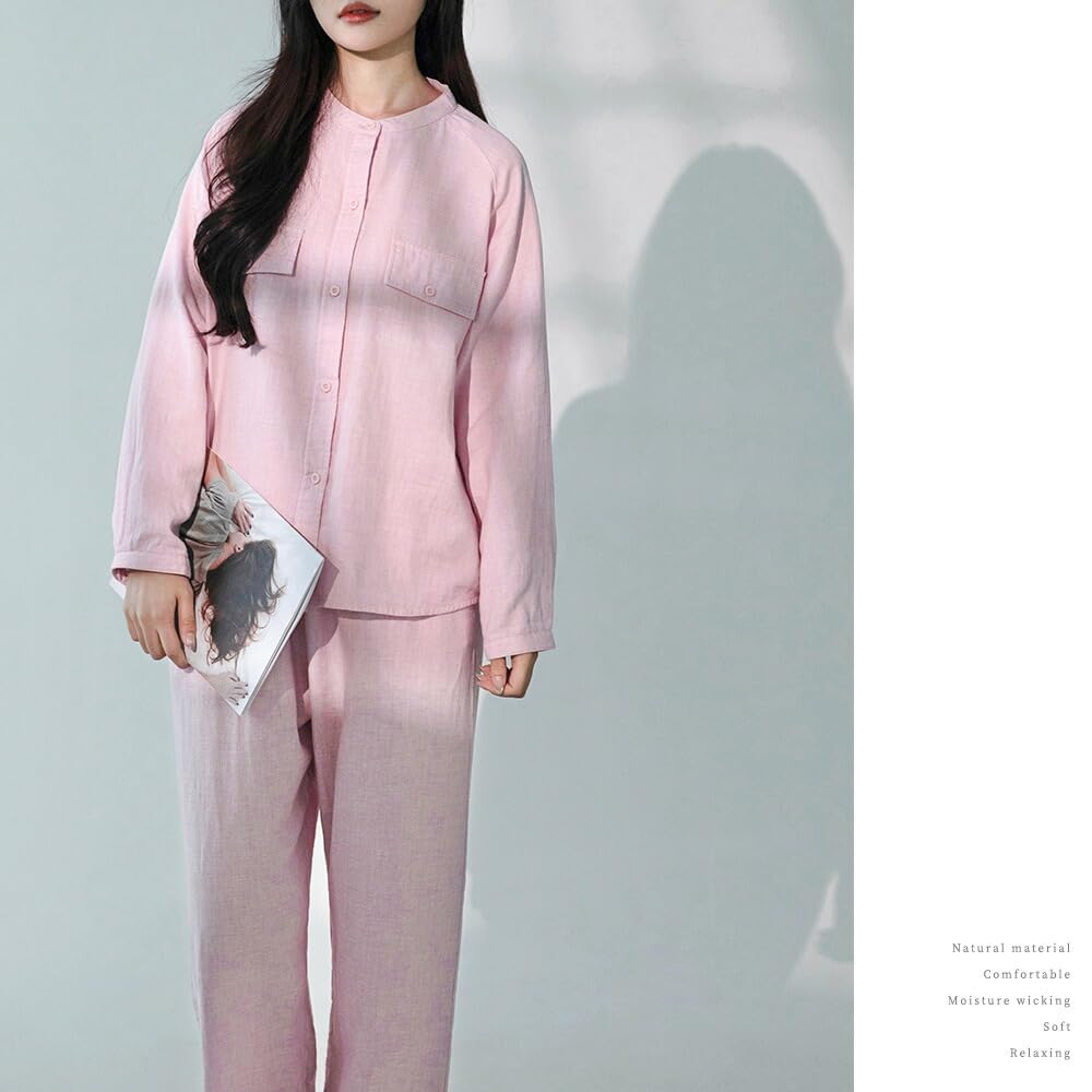 Yes Family Double Gauze Pajama Long Front Light XL Women's Set, 100% Cotton, Sleeves, Opening, Loungewear, Pink,