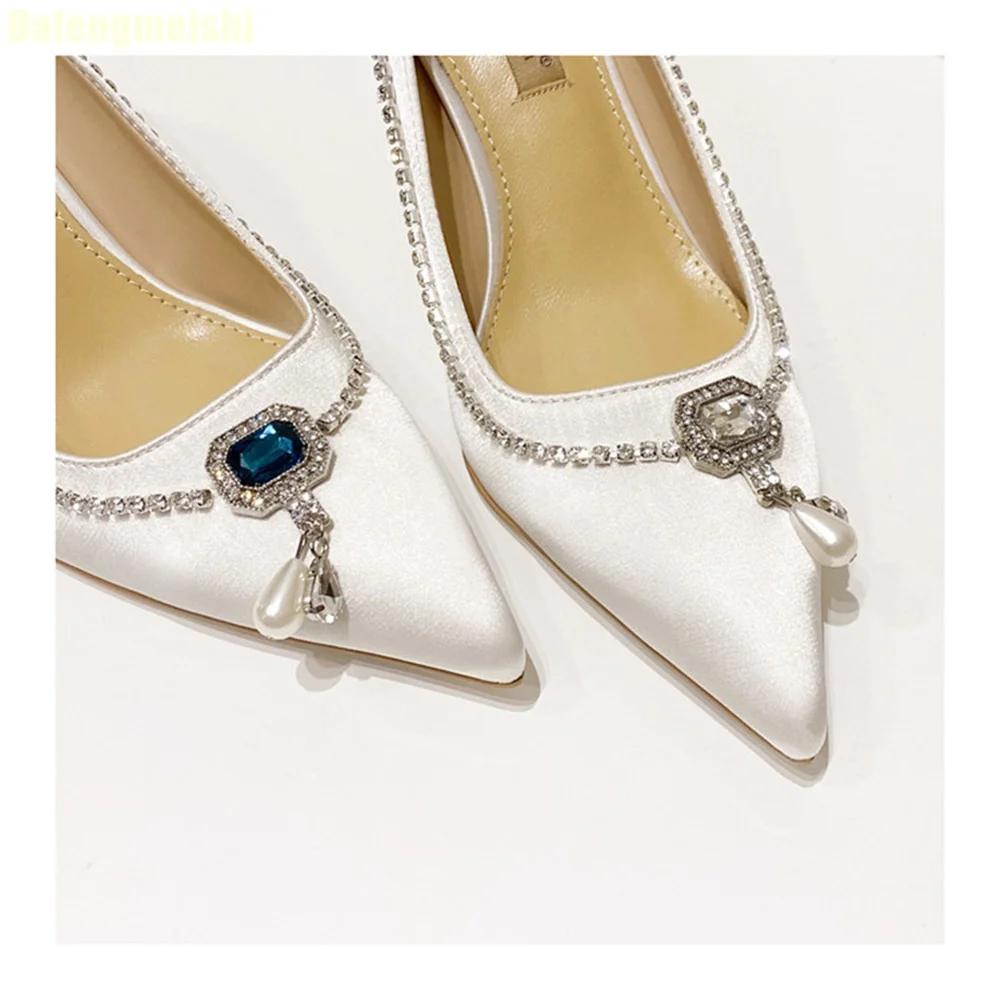 2025 Autumn New Rhinestone Chain High Heels Pointed Shallow 5Cm/7Cm Stiletto Heel Shoes White Wedding Shoes Slip On Bridal Shoes