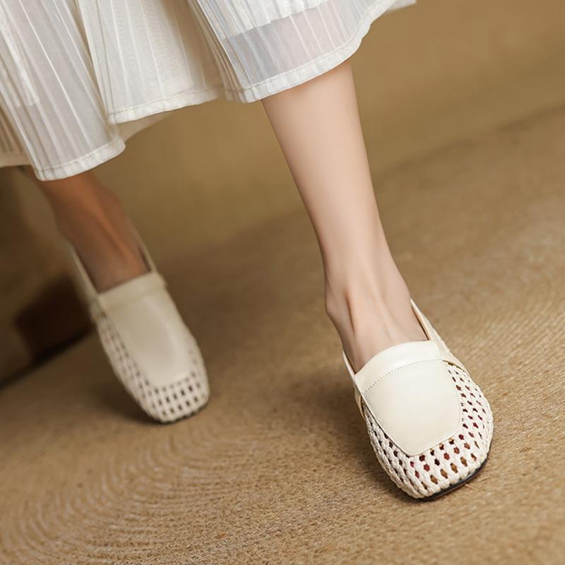 Fashion NEW Spring/Autumn Women Loafers Square Toe Low Heel Shoes Genuine Leather Shoes for Women Soft Slip-on Women Pumps Weave Shoes
