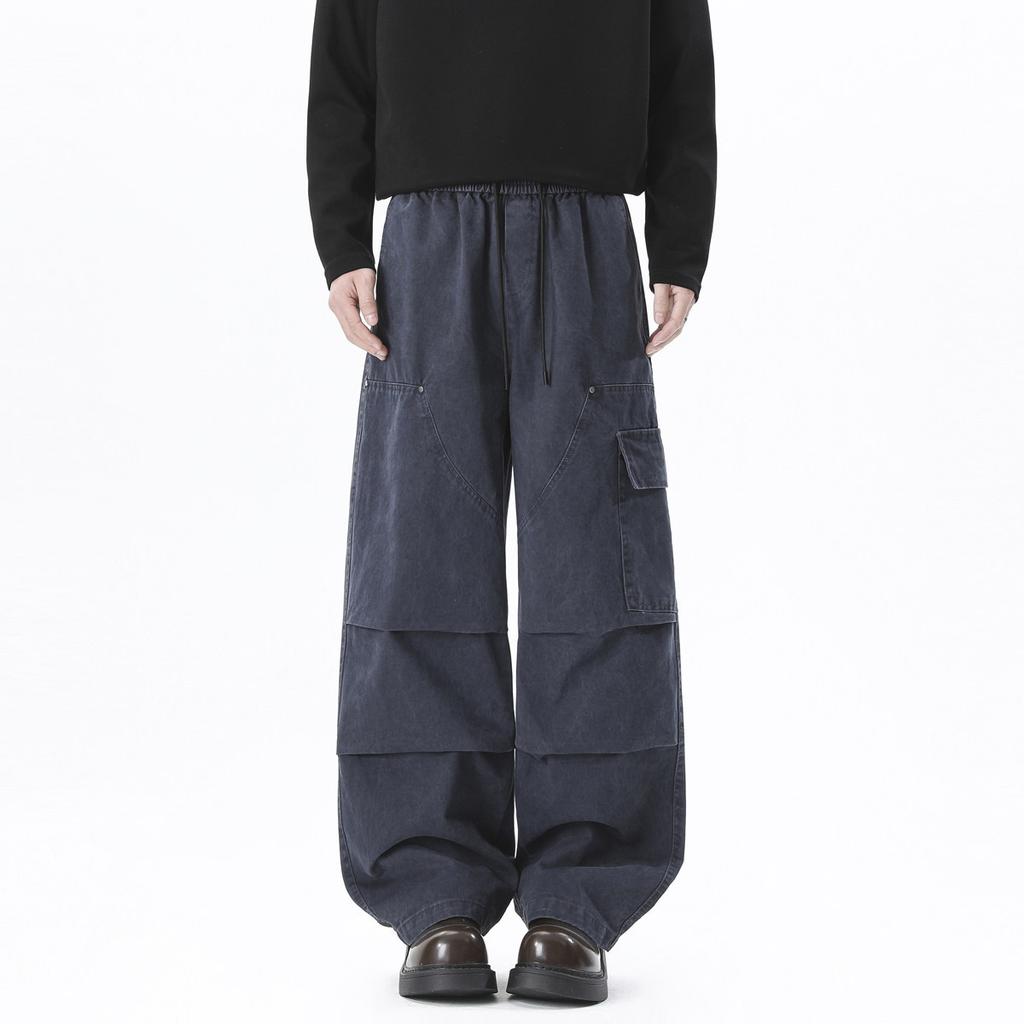 American retro men's and women's overalls loose big pocket drawstring straight pants washed tide brand wide-leg pants casual trousers