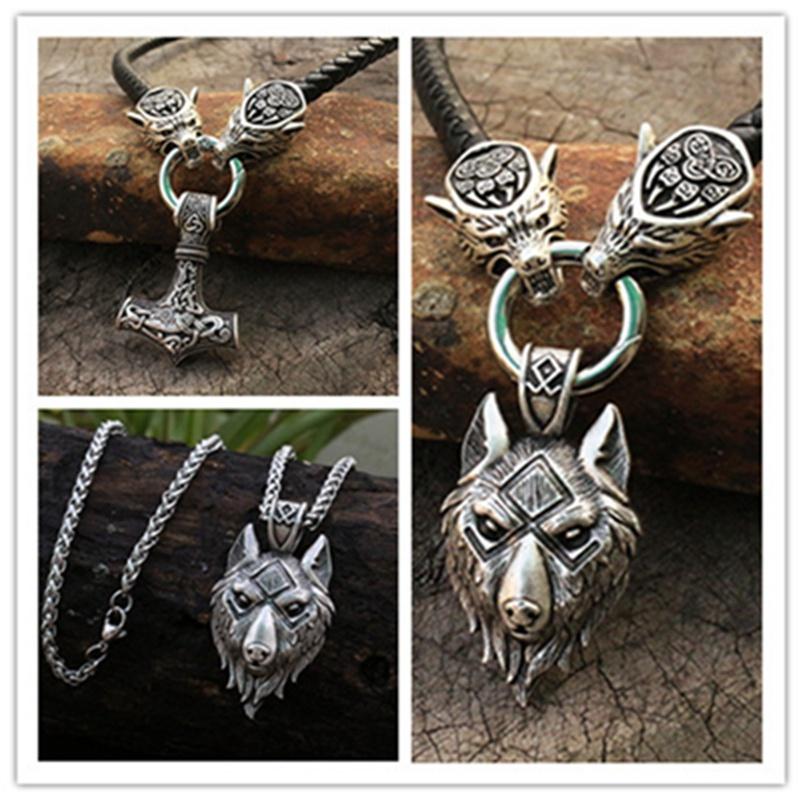 Kaufe Männliche Wikingerkette, Wolfskopf Halskette mit Thor MJOLNIR