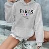 Women's autumn and winter warm and loose casual Paris pattern printed suede long sleeved hooded sweatshirt