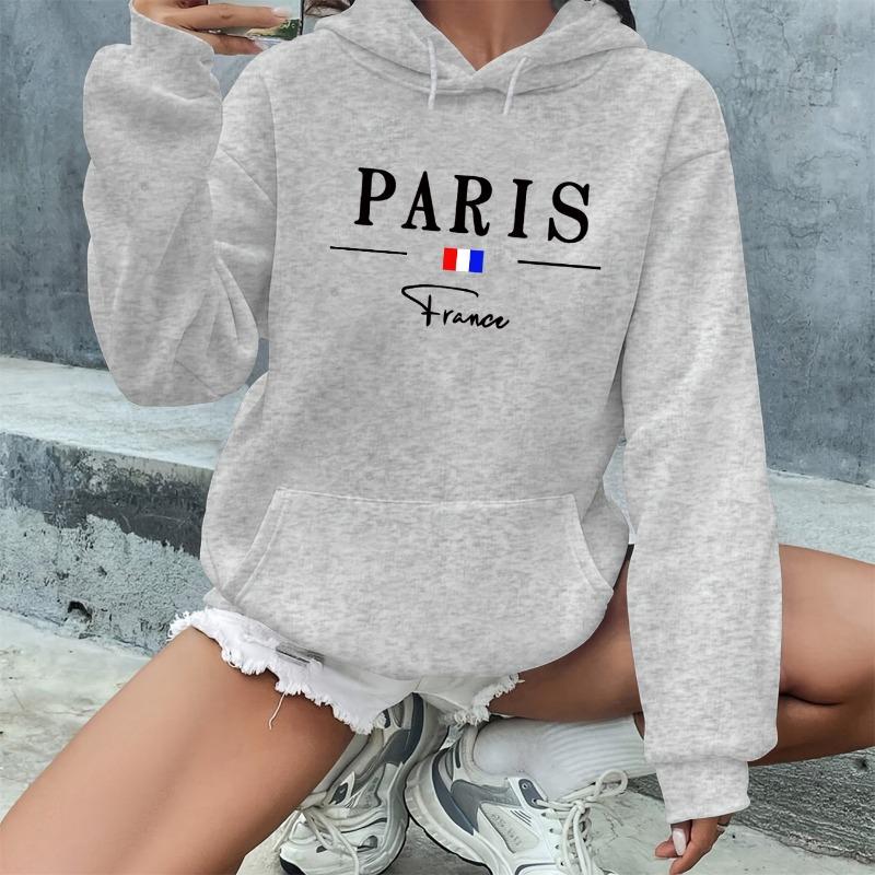 Women's autumn and winter warm and loose casual Paris pattern printed suede long sleeved hooded sweatshirt