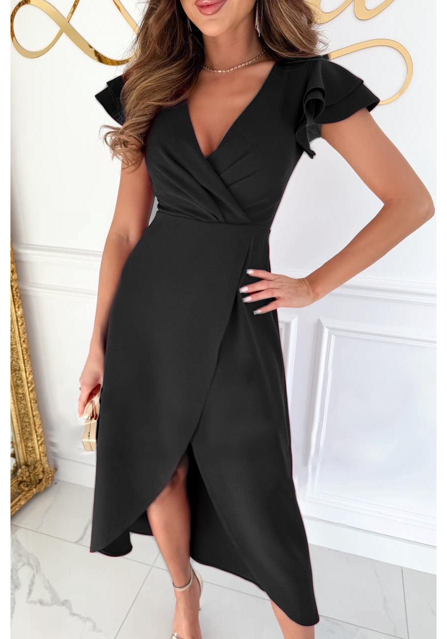 Summer V-neck A-line Dress with Waist-slimming Ruffle Sleeves XXL чёрный