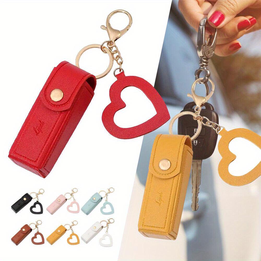 2pcs Portable Leather Lipstick Bag Makeup Pouch Lip Balm Bag Keychain Holder Lipsticks Protective Cover With Mirror