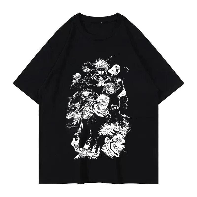 

Vintage Black Jujutsu Kaisen T-Shirt with Bold White Line Art Group Illustration of Main Characters Including Gojo Satoru, Itadori Yuji 4XL