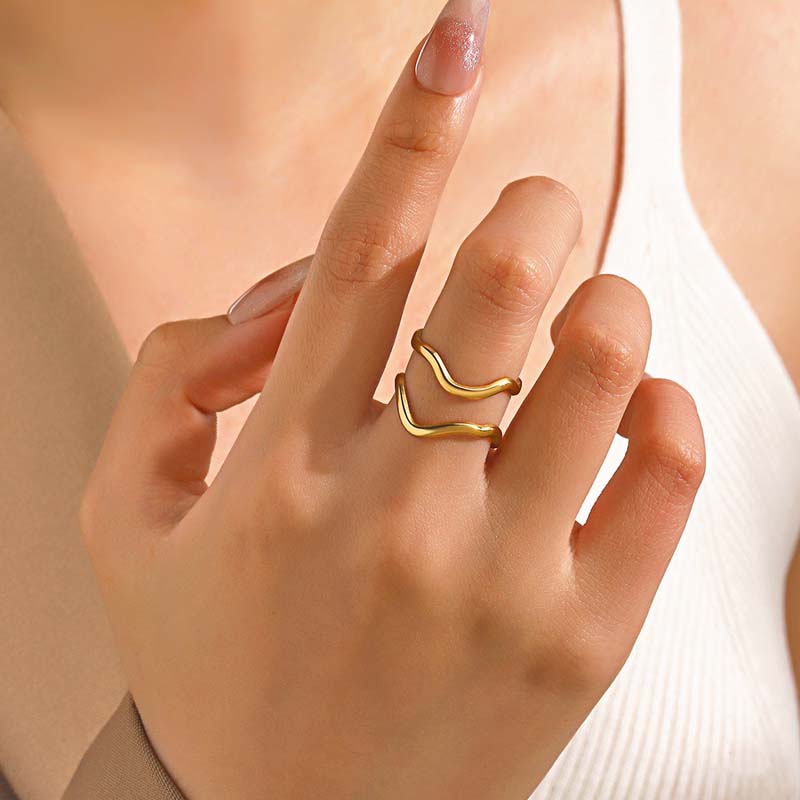 Stainless Steel Gold Color Irregular Geometric Opening Rings for Women Fashion Metal Texture Wide Rings Aesthetic Jewelry Gift