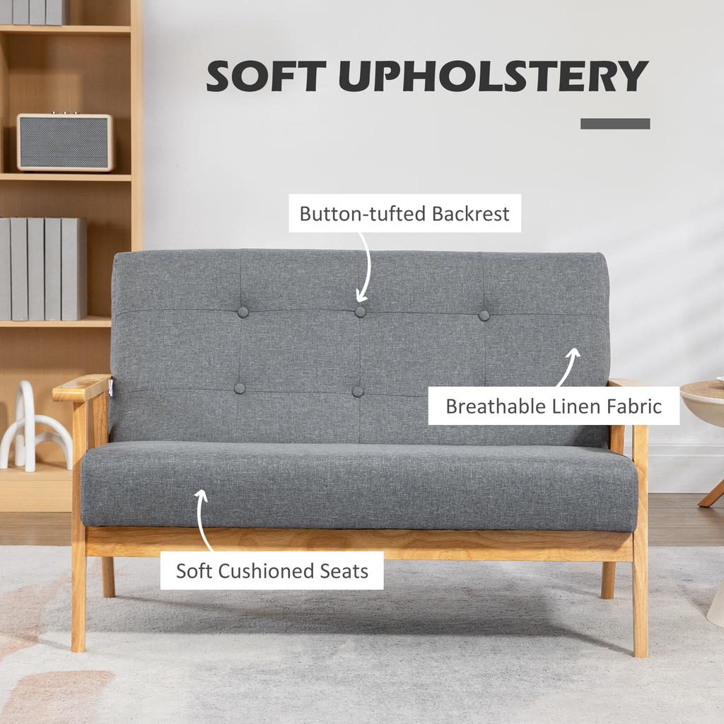 2 Seater Sofa Modern Linen Fabric Upholstery Tufted Couch with Rubberwood Legs for Living Room and Kitchen, Dark Grey