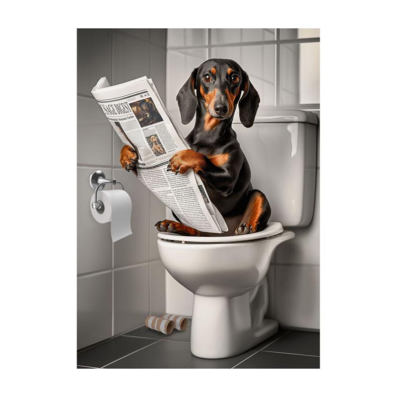 Goldendoodle Monkey Highland Cow On The Toilet Reading Newspaper Poster Animal Print Canvas Painting Funny Bathroom Wall Decor