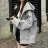 Grey sweater jacket women's thickened, autumn and winter velvet cardigan loose zipper hooded top