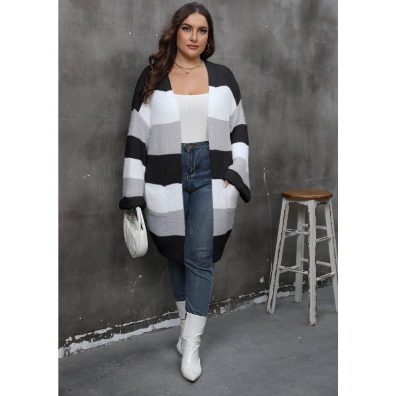 Women S Plus Size Striped V Neck Long Sleeve Knit Cardigan Coat