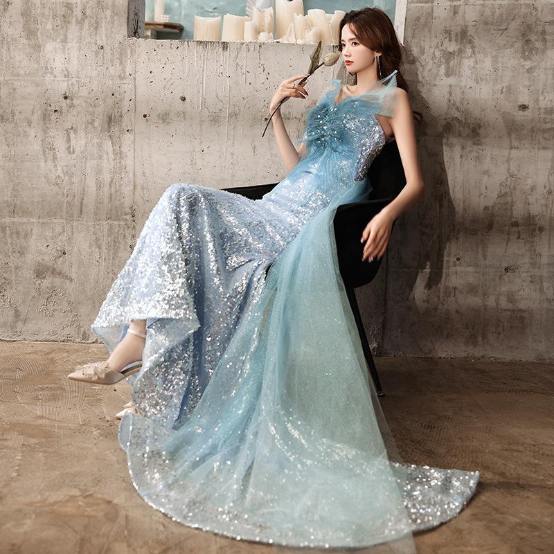 Sexy fishtail evening dress women's 1011 new banquet atmosphere sky blue tube top long annual meeting hosting dress