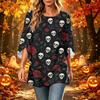 Women's Halloween Printed Casual Loose Fit Top with Round Neck and Three-Quarter Sleeves