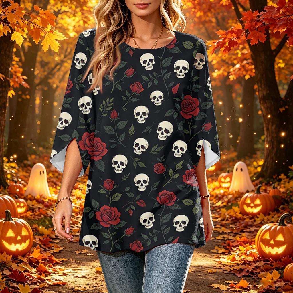 Women's Halloween Printed Casual Loose Fit Top with Round Neck and Three-Quarter Sleeves