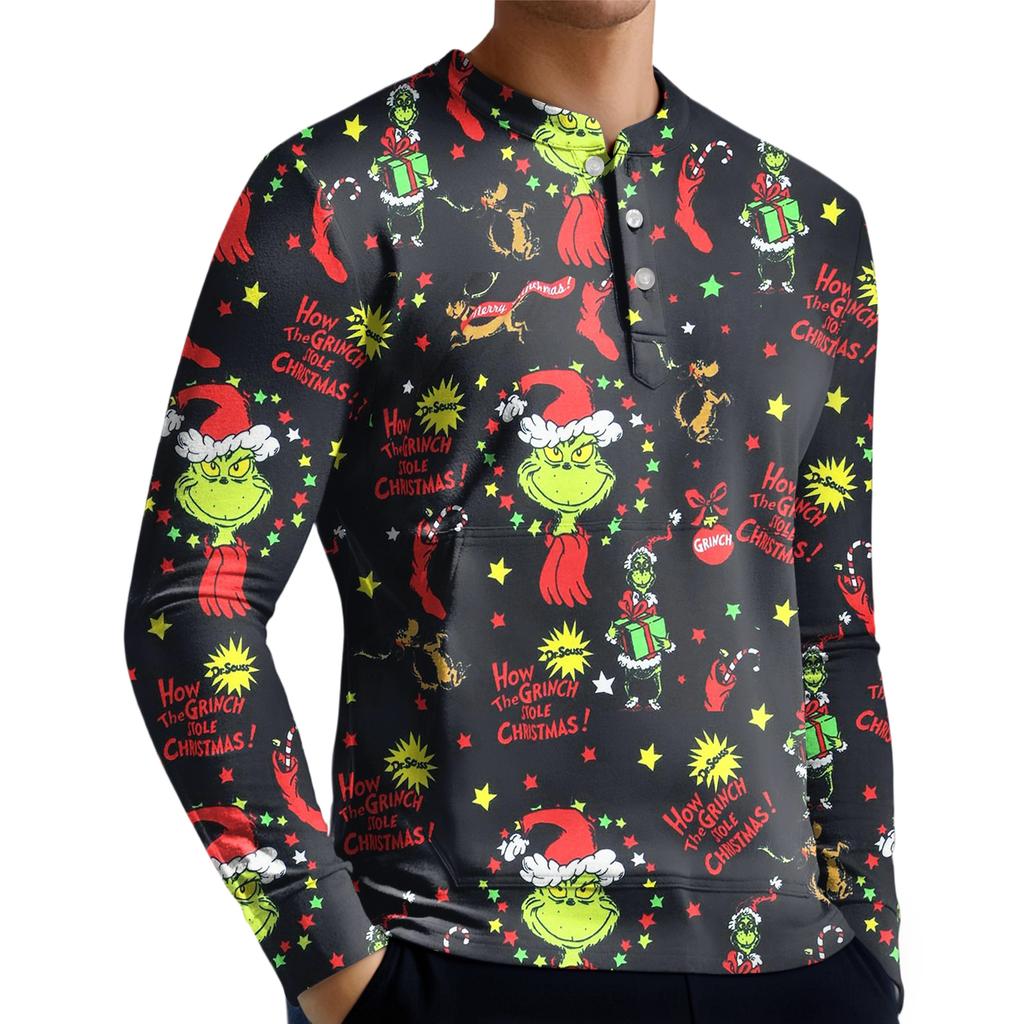 Pánská ležérní mikina na knoflíky, módní potištěná košile s dlouhým rukávem, pulovr