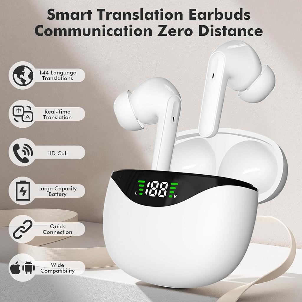 AI Translation Earbuds Translator Earphone 2 Way Language Translator Device Wrieless Headphone 144 Languages Translation Device App for Android iOS
