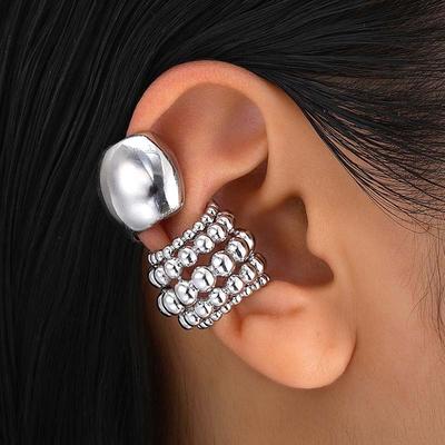 Exaggerated Metal Wide Clip Earrings Set For Women Simple Silver Color C-Shaped Half Circle Beaded Ear Cuff Jewelry Gift