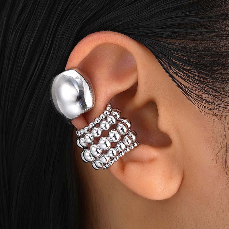 Exaggerated Metal Wide Clip Earrings Set For Women Simple Copper Color C-Shaped Half Circle Beaded Ear Cuff Zircon Gift
