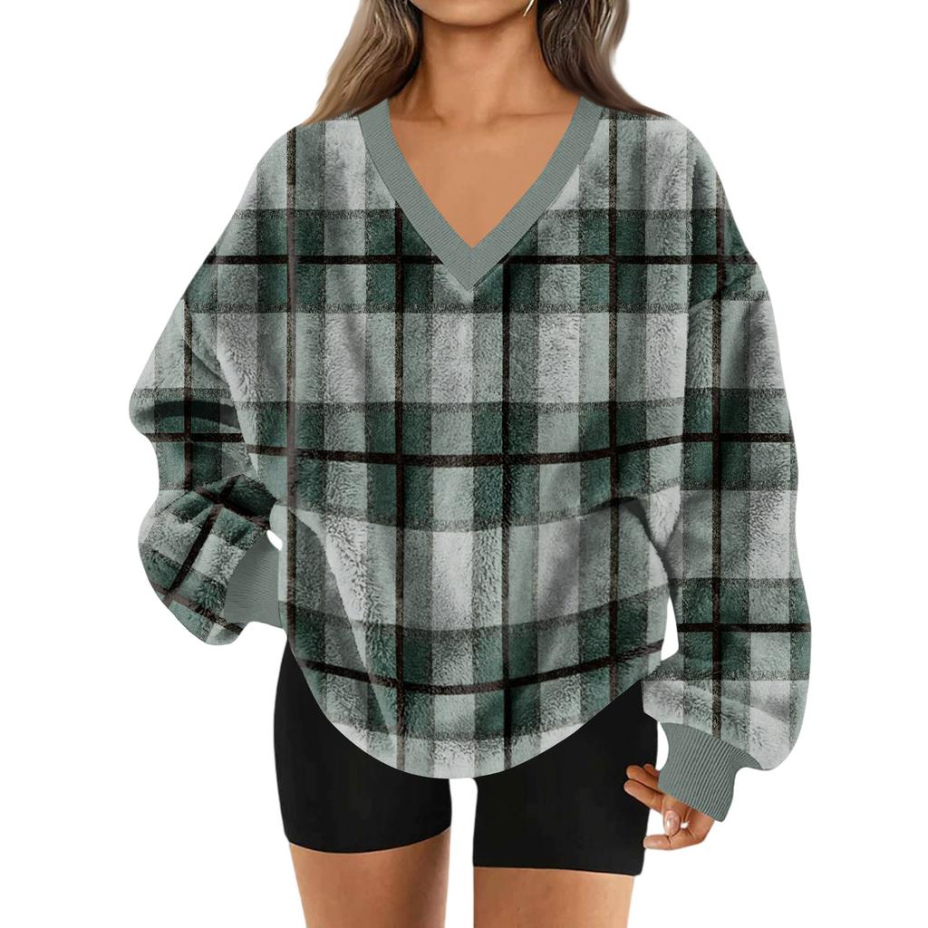 Women's V-Neck Sweatshirt Plush Solid Color Casual Fashion Long Sleeve With Pocketed Pullover Top