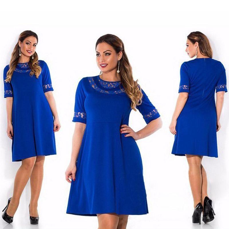 Women Round Collar Plus Size Pure Color Dress With Comfortable Cotton Blend Fabric