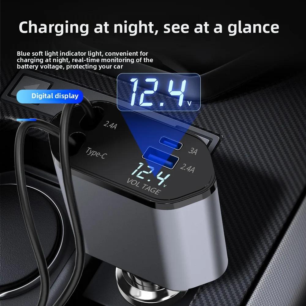 120W Metal Car Charger Super Fast Charging with Digital Display 4 Port Retractable Cable Multifunctional USB C Vehicle Charger