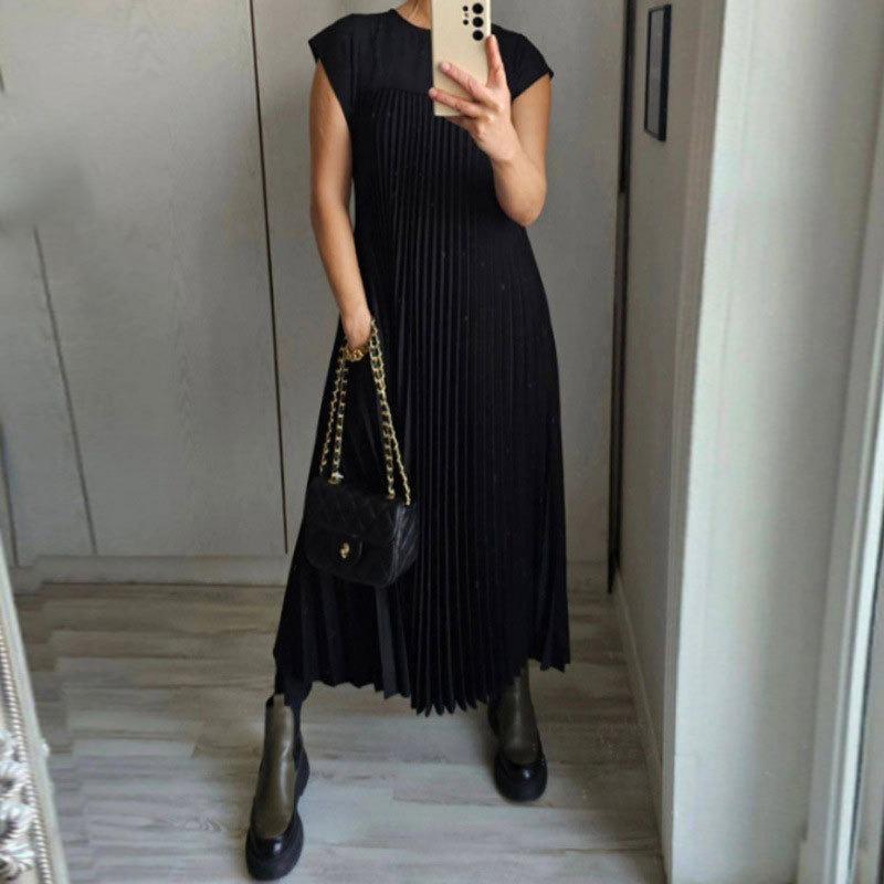Moda de Verano Vestido Sólido de Talla Grande Mujer Cuello Redondo Manga Corta Suelto Plisado Vestidos Casuales Mujer Elegante Vintage Sencillo Slim Vestido de Dama 25546
