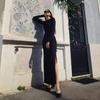 Sexy Mock Neck Side Split Long Dresses Women Slim Elegant Long Sleeved Package Hip Dress Spring Solid Evening Party Robes