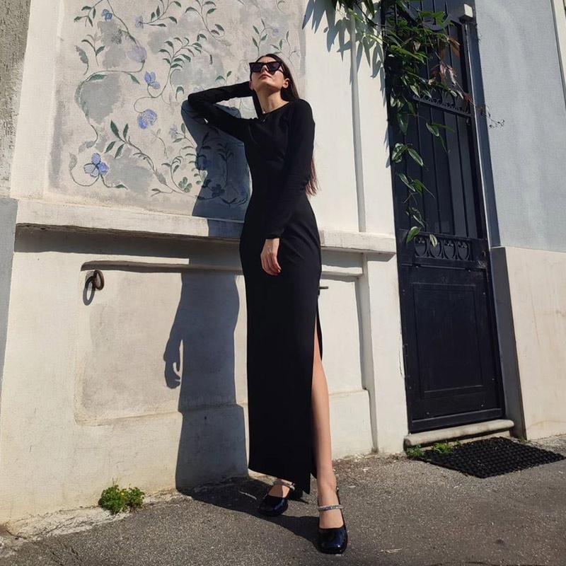 Sexy Mock Neck Side Split Long Dresses Women Slim Elegant Long Sleeved Package Hip Dress Spring Solid Evening Party Robes