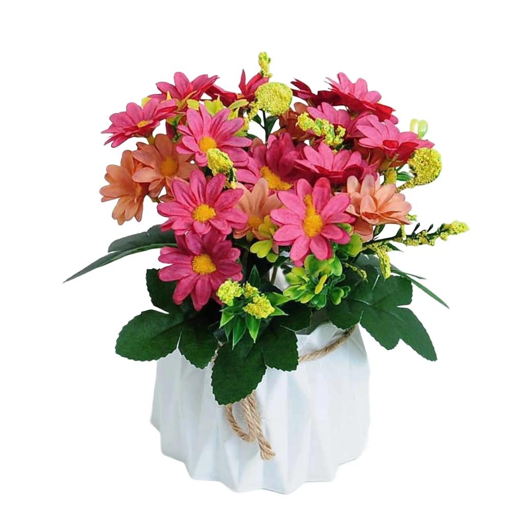 Silk Artificial Flowers In Decorative Pot For Home Décor, Customizable Faux Floral Display 17cm Overall Height, White Orang Red