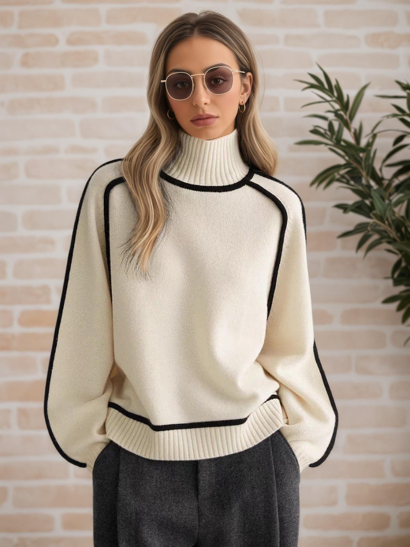 Herbst/Winter Gestreifter Schlankmachender Lässiger Lockerer Pullover Strickpullover Medium apricot