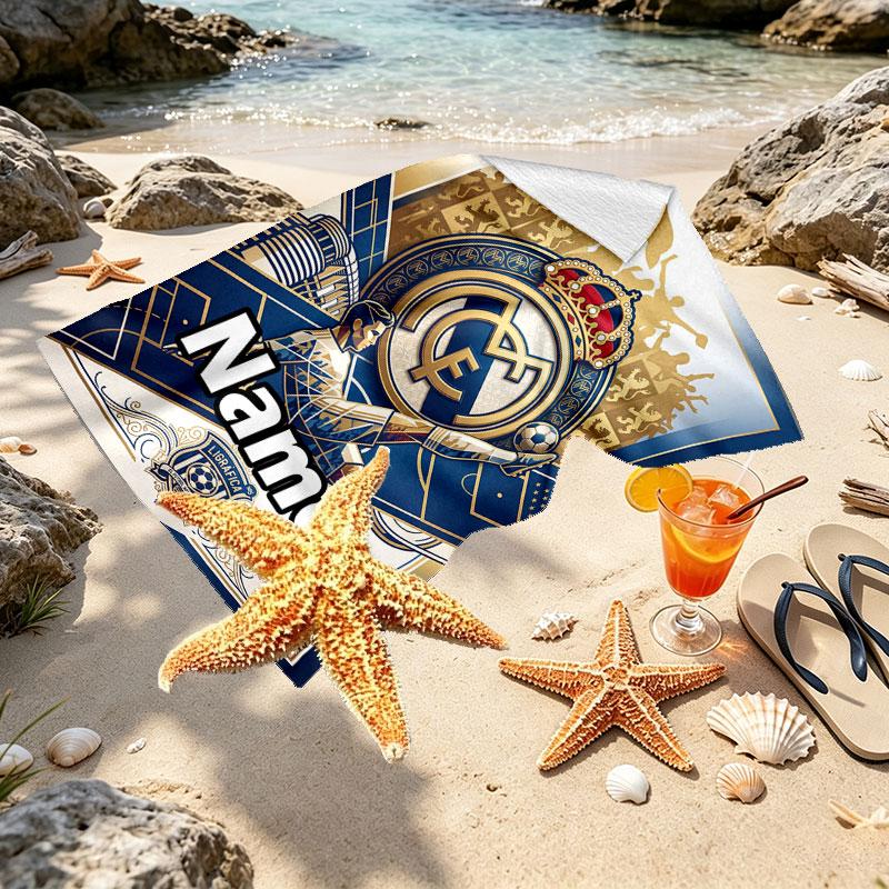 Custom Name Personalized Real Madrid Football Print Beach Towel, for Trip Camping Beach Party Home Decor, Birthday Gift for Family & Friends