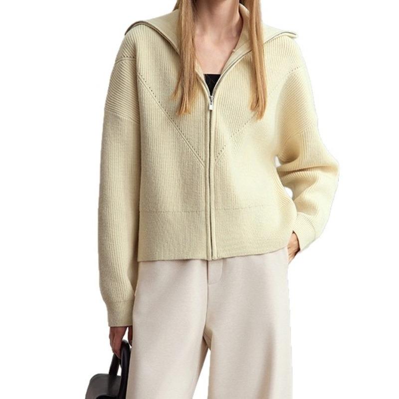

Ленивый стиль, кардиган на молнии с темно-синим воротником, вязаный, для женщин, мягкое и толстое пальто-свитер для осени и зимы, короткий топ one size бежевый