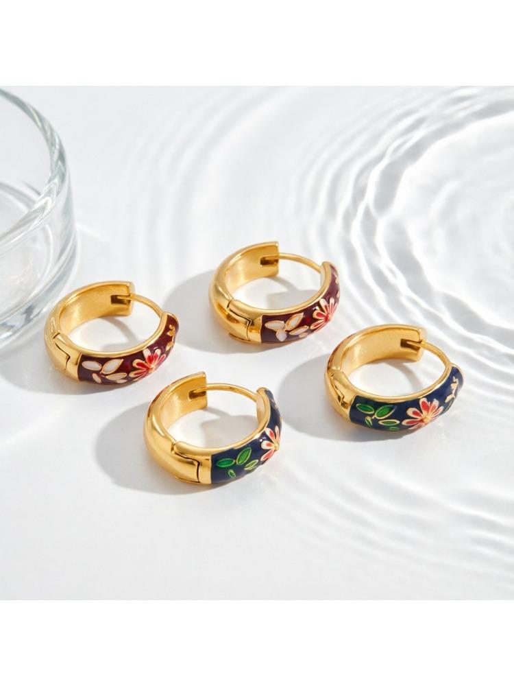 Colorful Flower Enamel Earrings Women's Stainless Steel Earrings 18K Gold-plated Earrings Statement Jewelry