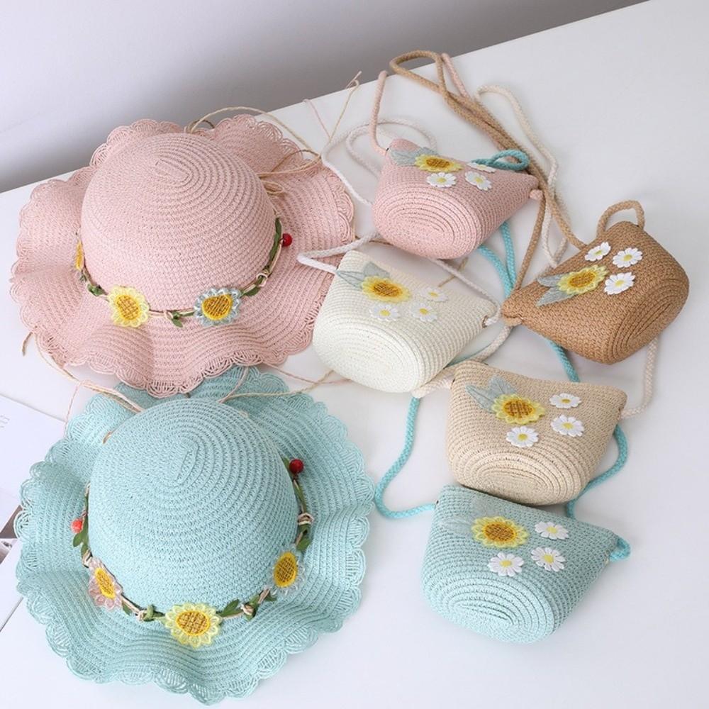 Small Daisy Children Beach Straw Hat Wide Brim Fisherman Hat Outdoor Straw Bag Cap Set  Summer