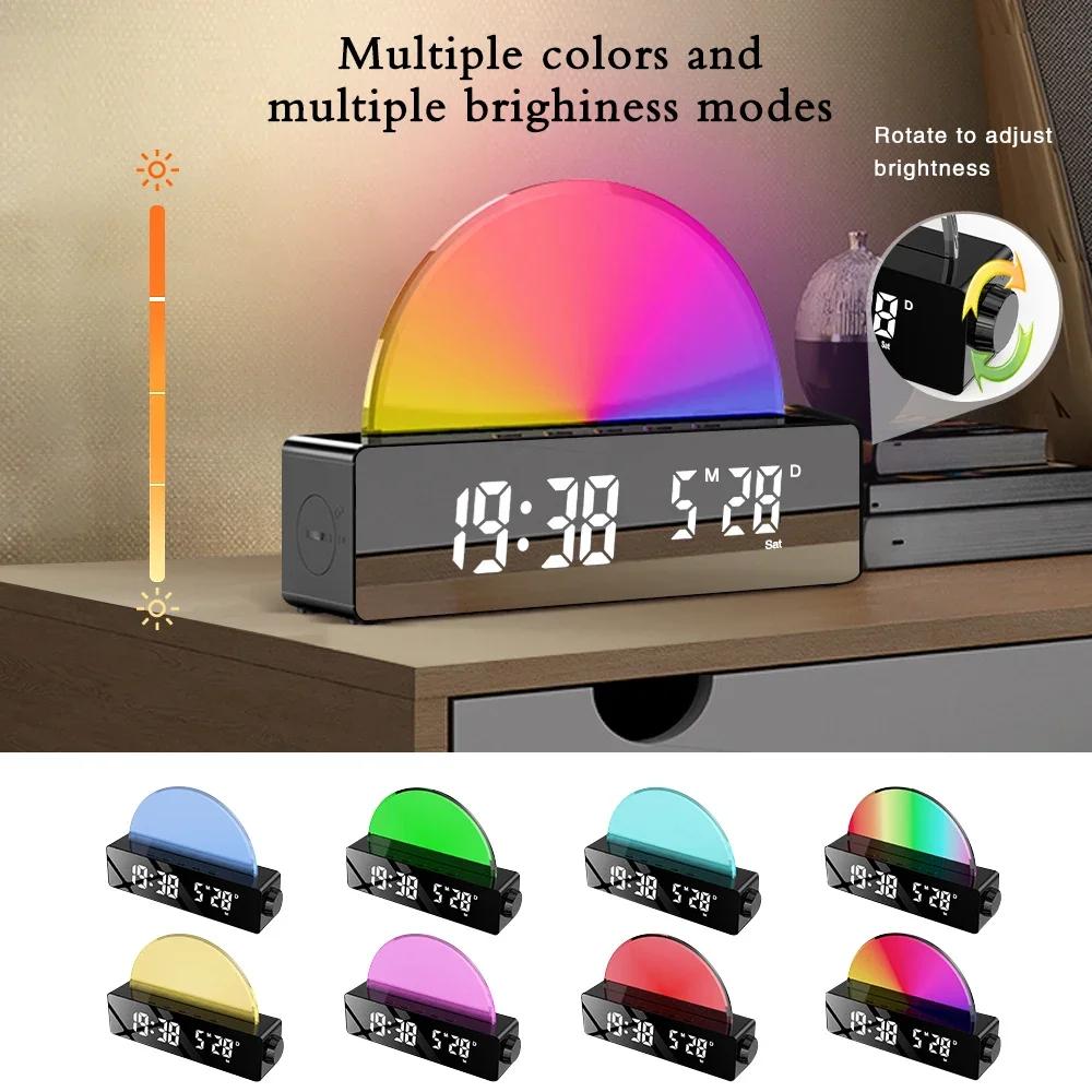 New RGB Color Changing LED Mirror Digital Desk Clock Sunrise Wake Up Light Alarm Clock for Bedroom Students