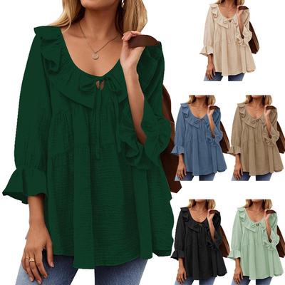 Women's Round Neck Tie-up Pleated Layered Waist-Cinching Spring/Summer Shirt