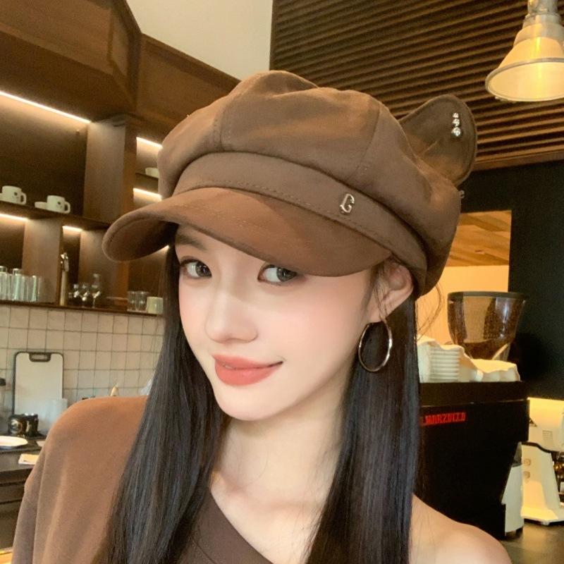 New Black Octagonal Hat Ins Wind Cat Ear Metal Label Newsboy Hat Autumn and Winter Versatile Face Hat