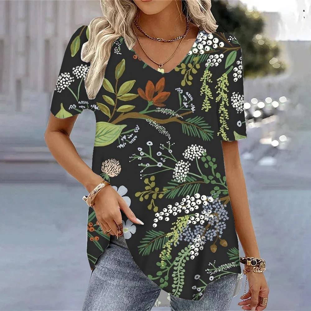 Letné V-výstrih Krátky rukáv Tričká 3D Kvetinová potlač Voľné Bežné Tričká Cool Denné Streetwear Blúzka Pre Dámy S-8XL