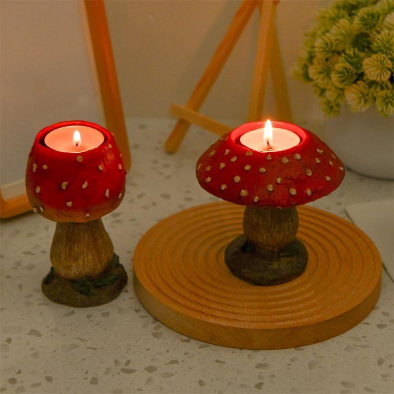 A Pair of Three-dimensional Mushroom Candle Holder Ornaments with Simulated Red Mushroom Candle Holders and Creative