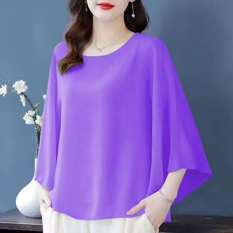 

WTEMPO Women Casual Solid Color Chiffon Blouse Batwing 3/4 Sleeve Loose Round Neck Flowy Oversized Tunic Tops S фиолетовый