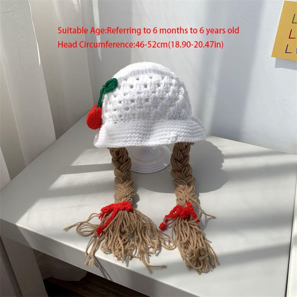 Cute Cartoon Wig Knitted Hat Cherry Wool Baby Beanie Cap Bow Korean Style Kids Warm Hats Newborn