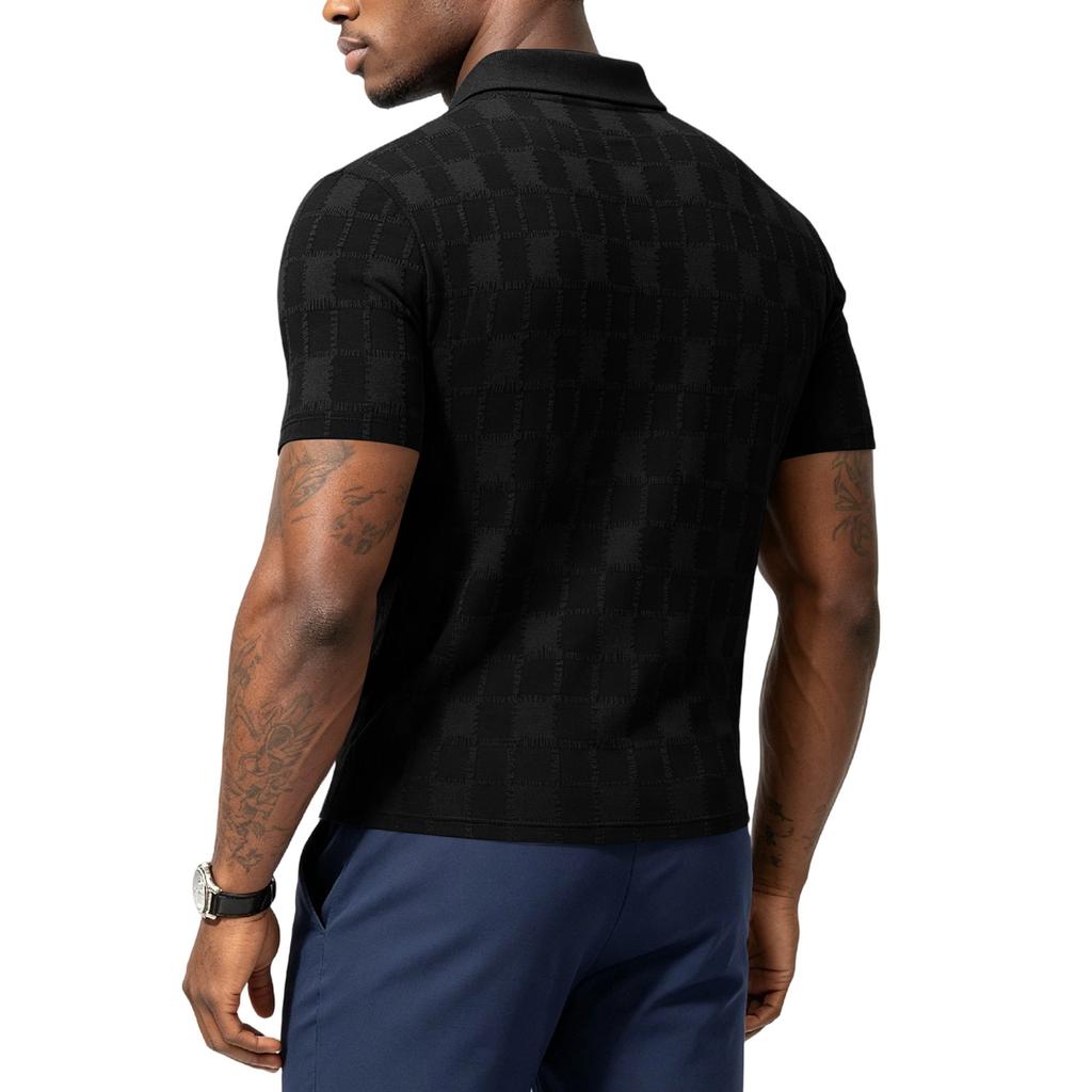 Men’s Short Sleeve Polo Shirt Classic Fit Knit Pattern Soft Fabric Button Placket Collar Top for Everyday Wear
