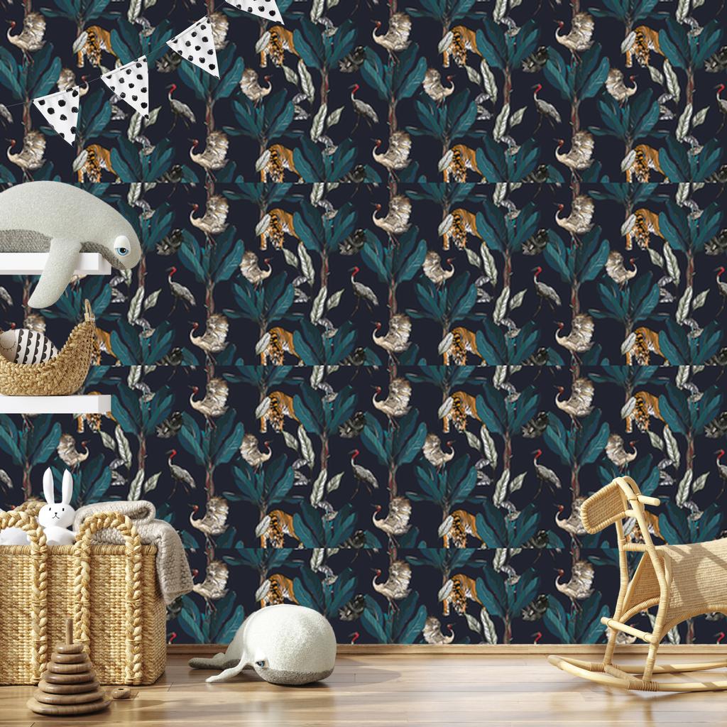 Tigers, Cranes and Sloths Wallpaper for Living Room and Bedroom 50x1000